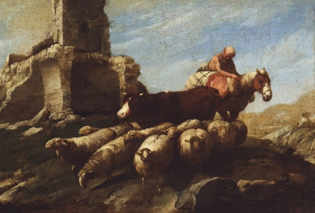 Landscape with ruin, horse wanderer and herds
    